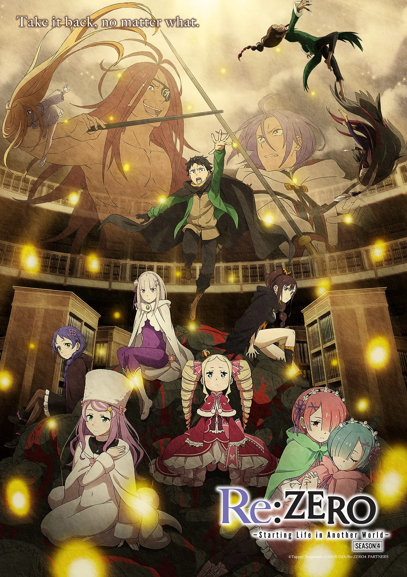 Re:Zero 4 Arco da Recaptura com Subaru, Emilia, Rem, Ram e outros personagens