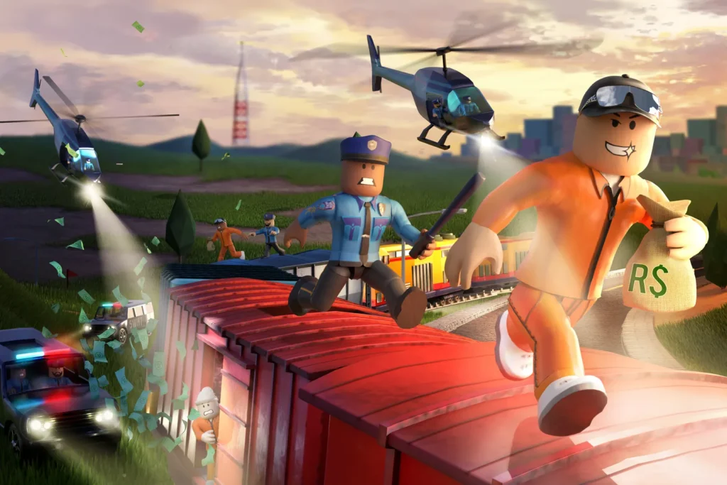 Personagens do Roblox em uma experiência com carros e helicópteros
