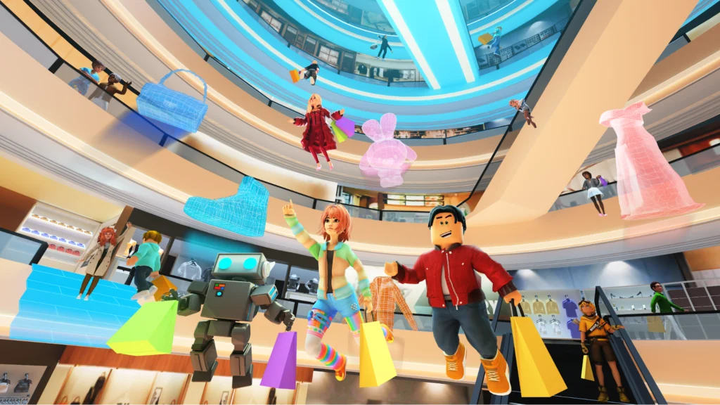 Avatares do Roblox em cenário de shopping