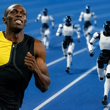 Montagem ilustra a comparação entre Usain Bolt e os robôs humanoides que disputaram provas de velocidade em Pequim; o Tiangong Ultra completou os 100 metros em 8,64 segundos