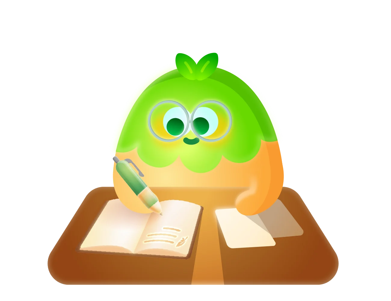 Personagem do aplicativo Forest estudando em uma mesa