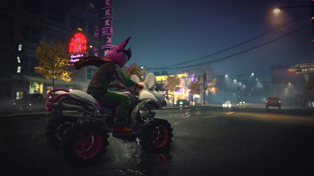 Personagem pilotando quadriciclo pelas ruas de Saints Row The Third Remastered