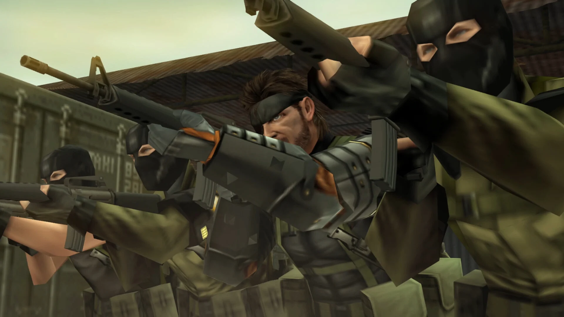 Big Boss e soldados da MSF jogando uma missão cooperativa de Peace Walker