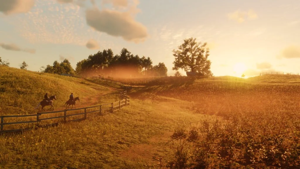 Arthur Morgan cavalgando pelo mundo aberto de Red Dead Redemption 2