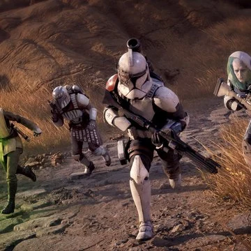 Star Wars Zero Company: three pessoas are riding horses down um dirt road