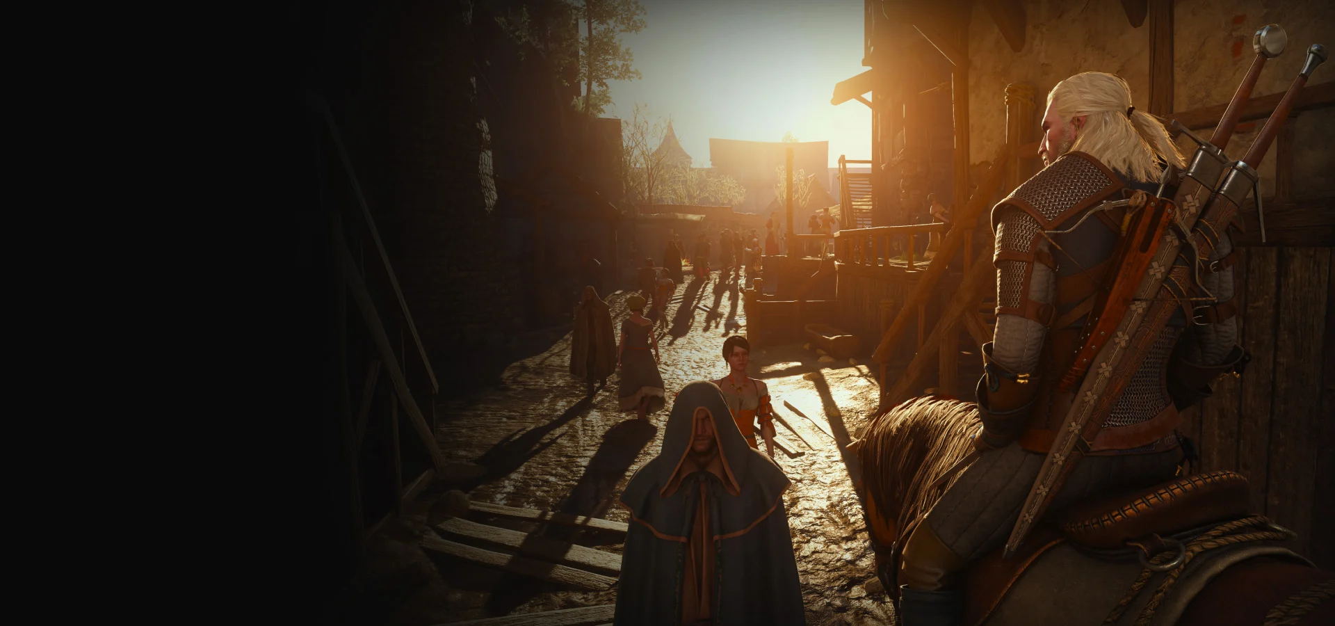 Geralt em Novigrad com a nova iluminação de The Witcher 3 Remastered