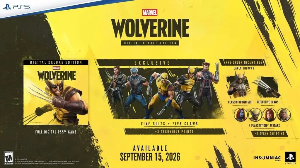 Cartaz mostra os trajes disponíveis na edição deluxe de Marvel's Wolverine