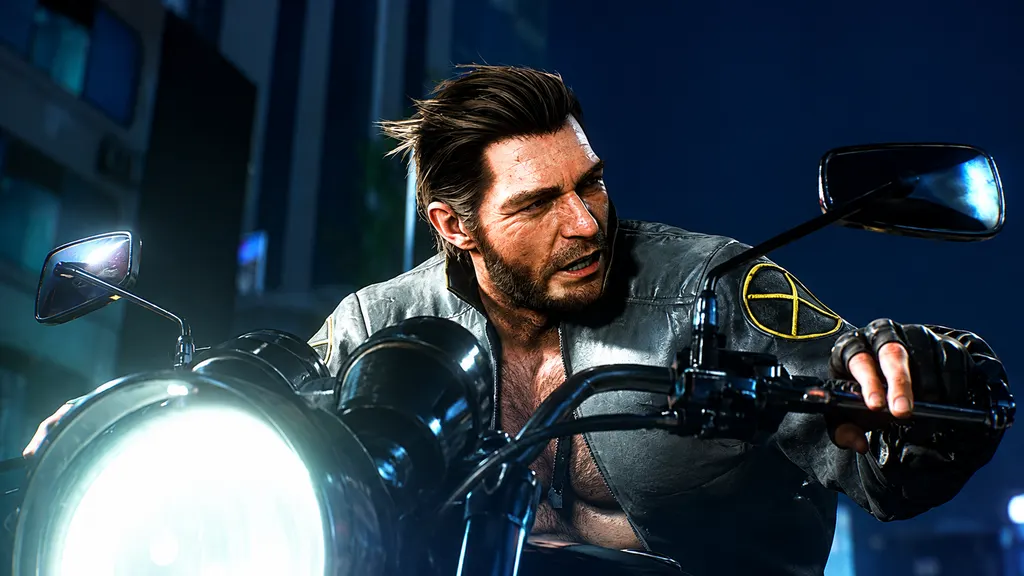 Wolverine em sua moto com o traje Novo Couro no trailer de Marvel's Wolverine