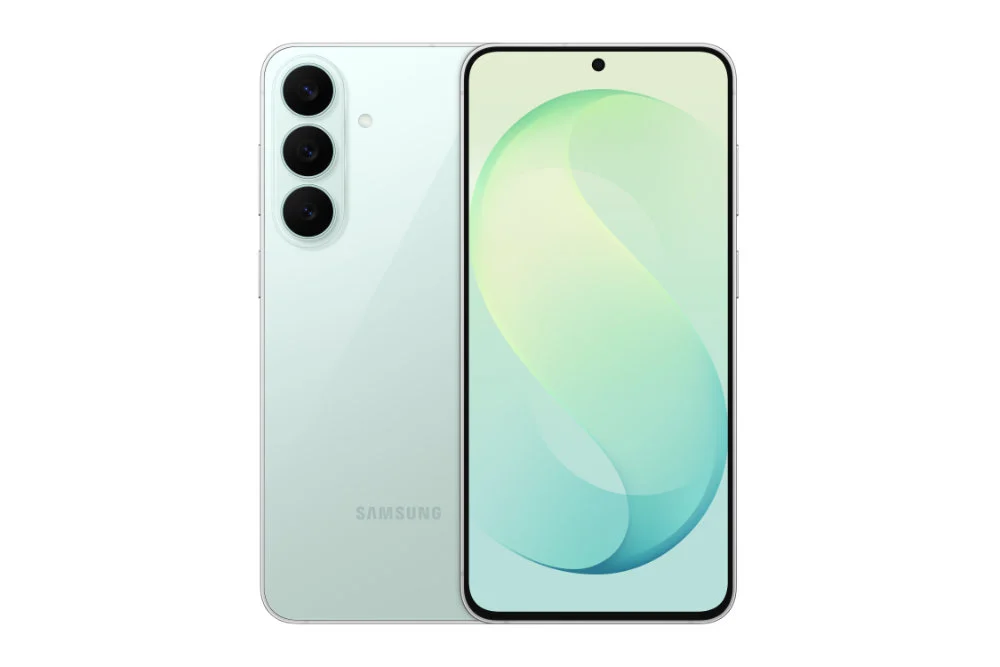Samsung Galaxy S26 FE verde pistache visto de frente e de costas