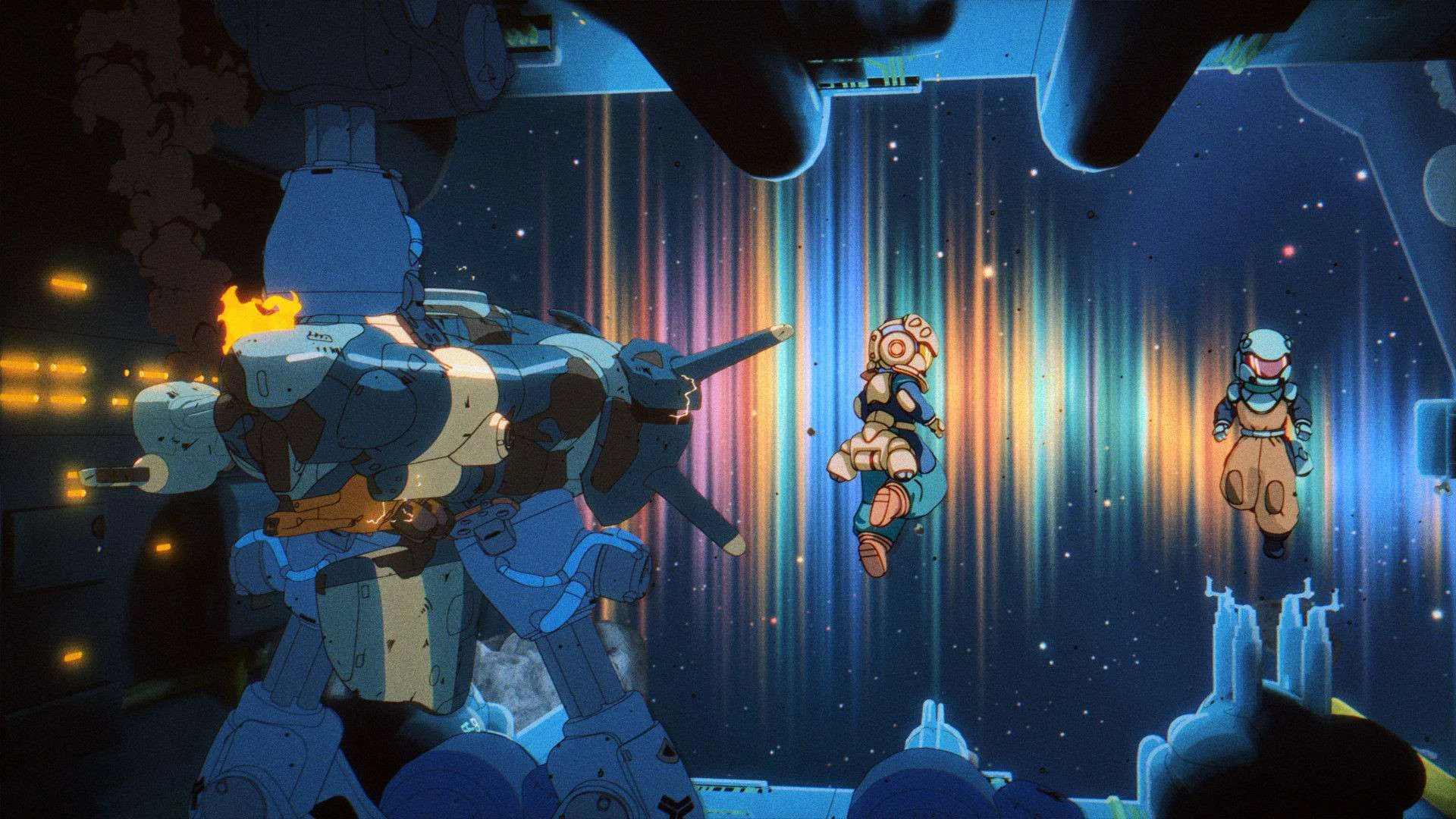 Cenário espacial de Orbitals com visual inspirado nos animes japoneses clássicos