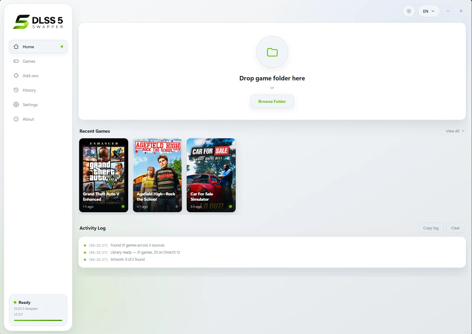 Interface do DLSS 5 Swapper mostrando biblioteca de jogos e opções de instalação