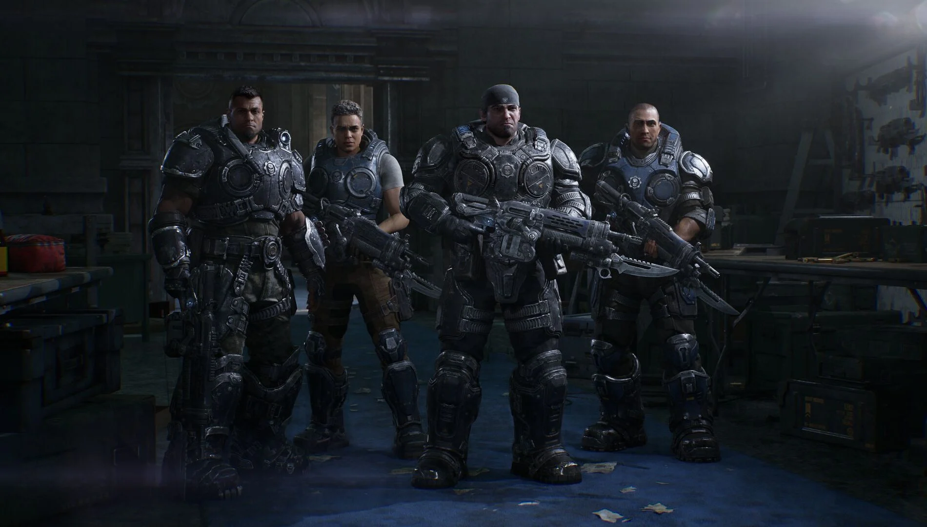 Marcus Fenix, Dominic Santiago, Mags Carter e Lucas Reyes no Esquadrão Bravo de Gears of War E-Day