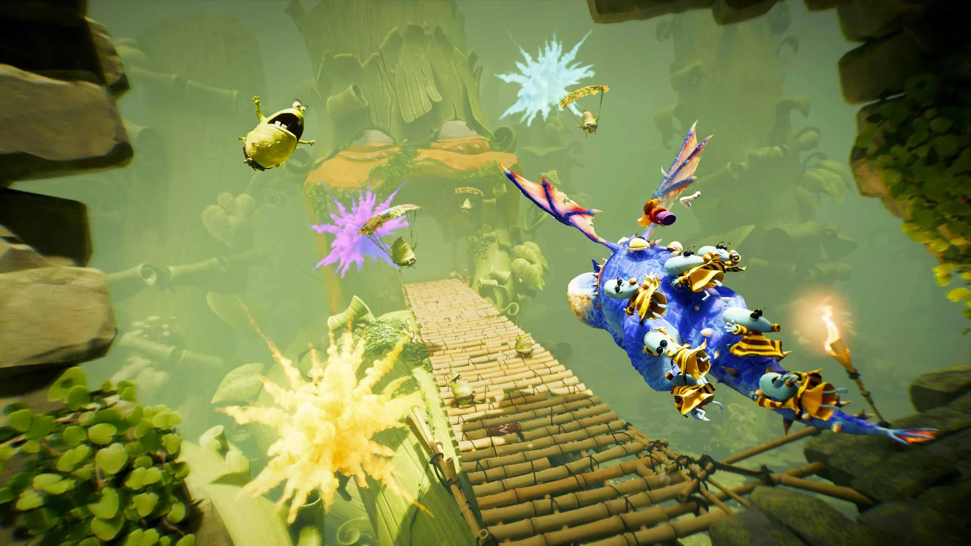 Rayman e personagens durante sequência com dragão em Rayman Legends Retold