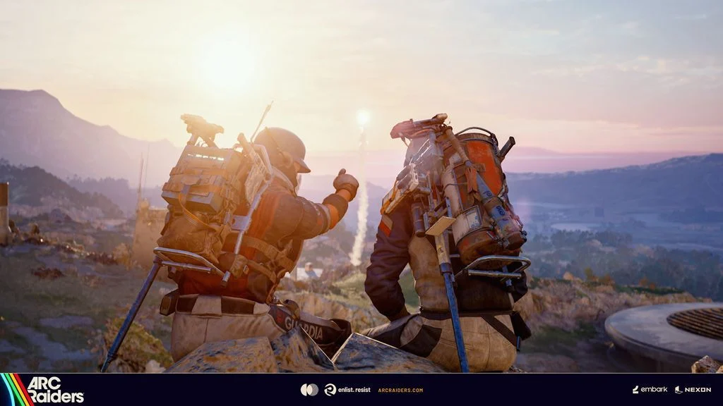 Dois Raiders observam o cenário de ARC Raiders durante uma expedição