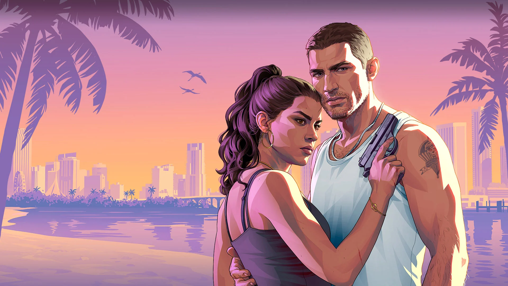 Jason e Lucia na arte de GTA 6 com Vice City ao fundo