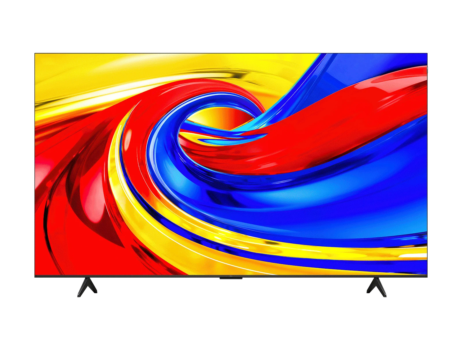 TV TCL P7L com base de dois pés e imagem colorida na tela.