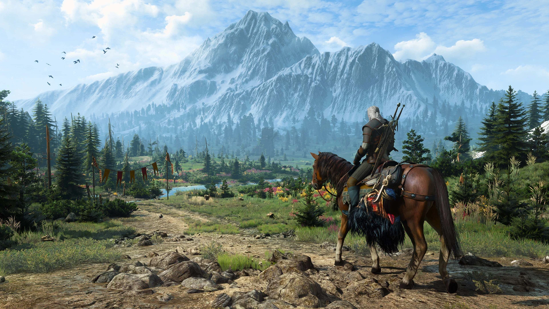 Geralt e Carpeado explorando o mundo de The Witcher 3
