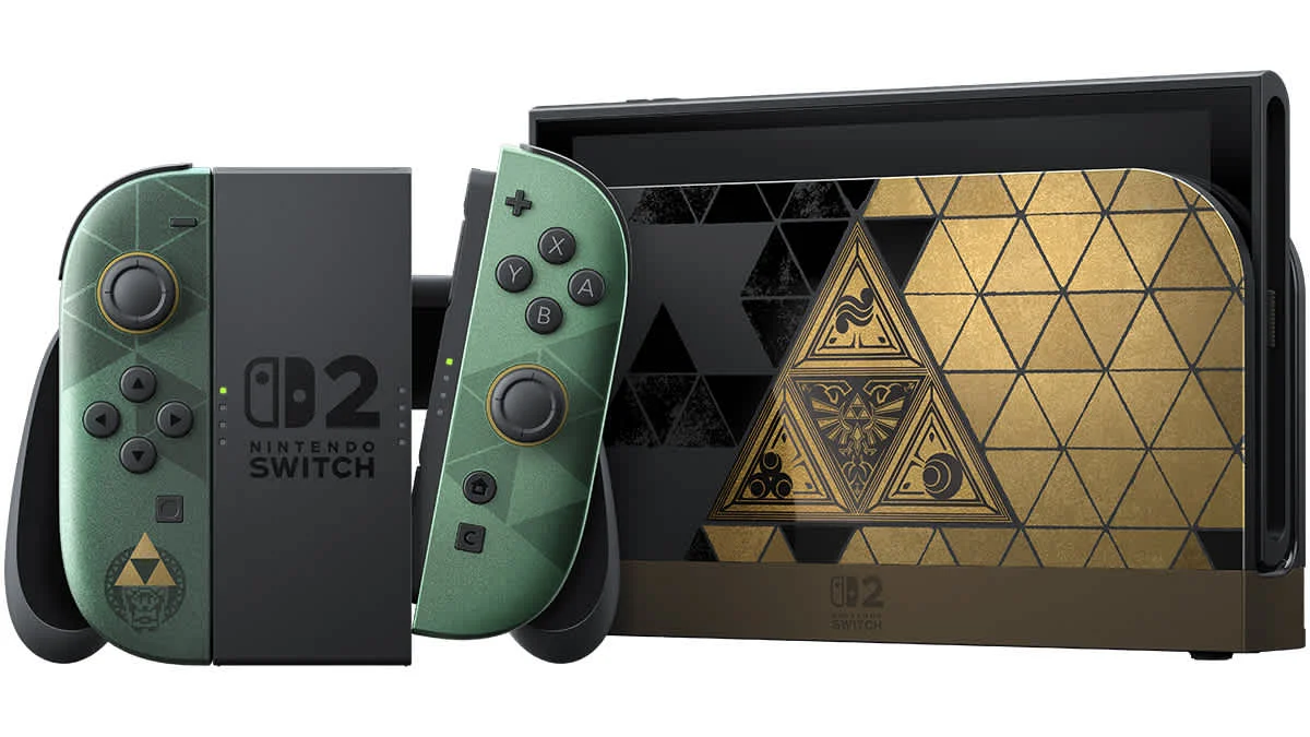 Nintendo Switch 2 edição de 40 anos de Zelda com Joy-Con 2 verdes e dock dourado