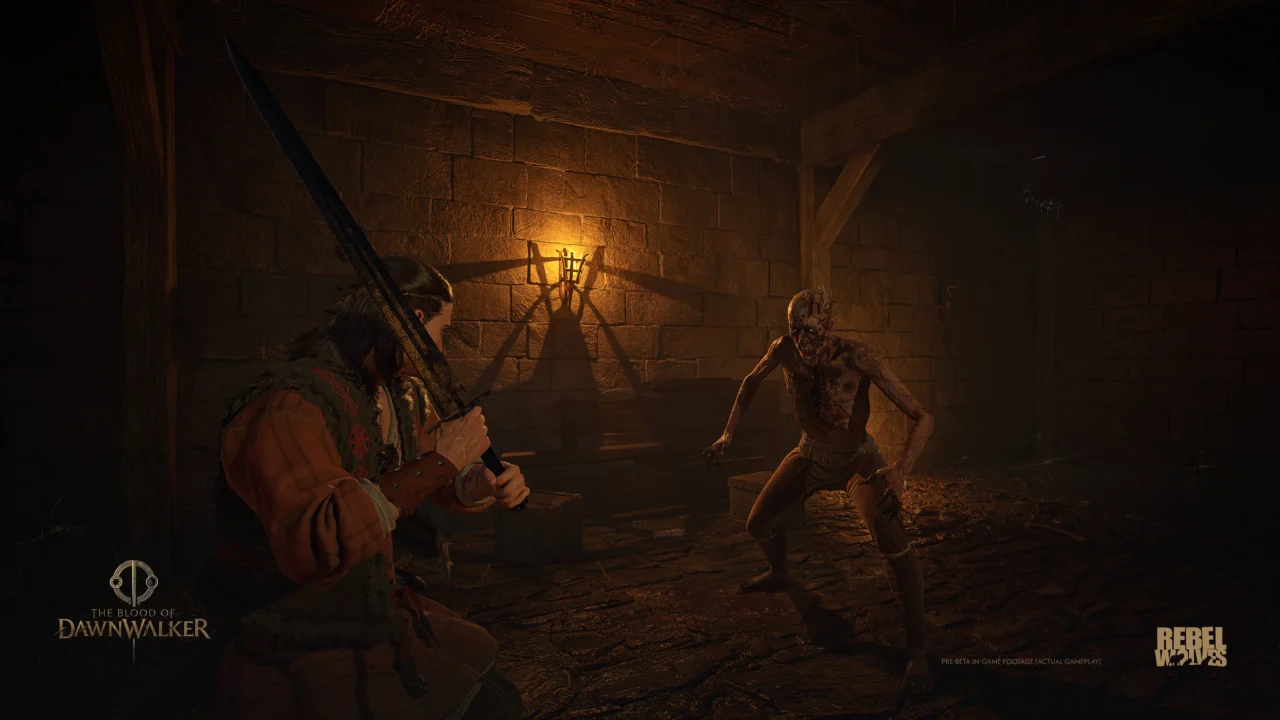 Coen empunhando uma espada em uma área subterrânea de The Blood of Dawnwalker