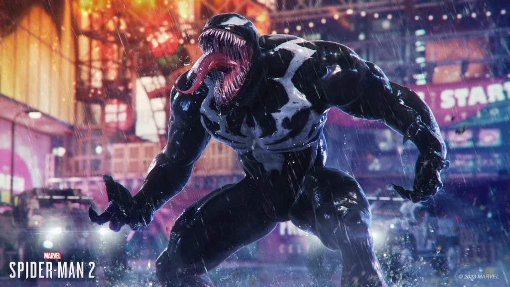 Venom aparece sob a chuva em Marvel's Spider-Man 2