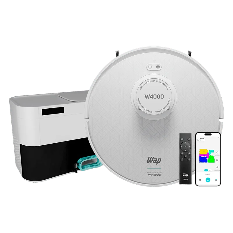 WAP Robot W4000 branco com estação coletora de pó, controle remoto e demonstração do aplicativo