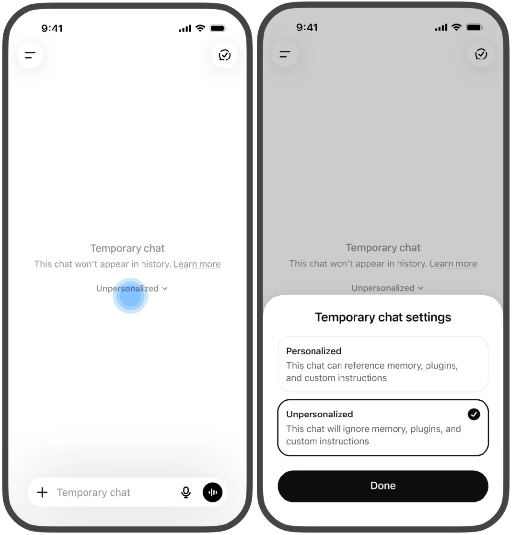 Tela do Chat Temporário do ChatGPT no celular