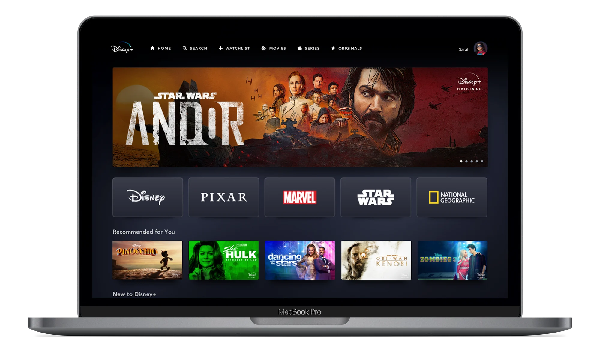 Interface oficial do Disney+ exibida em notebook
