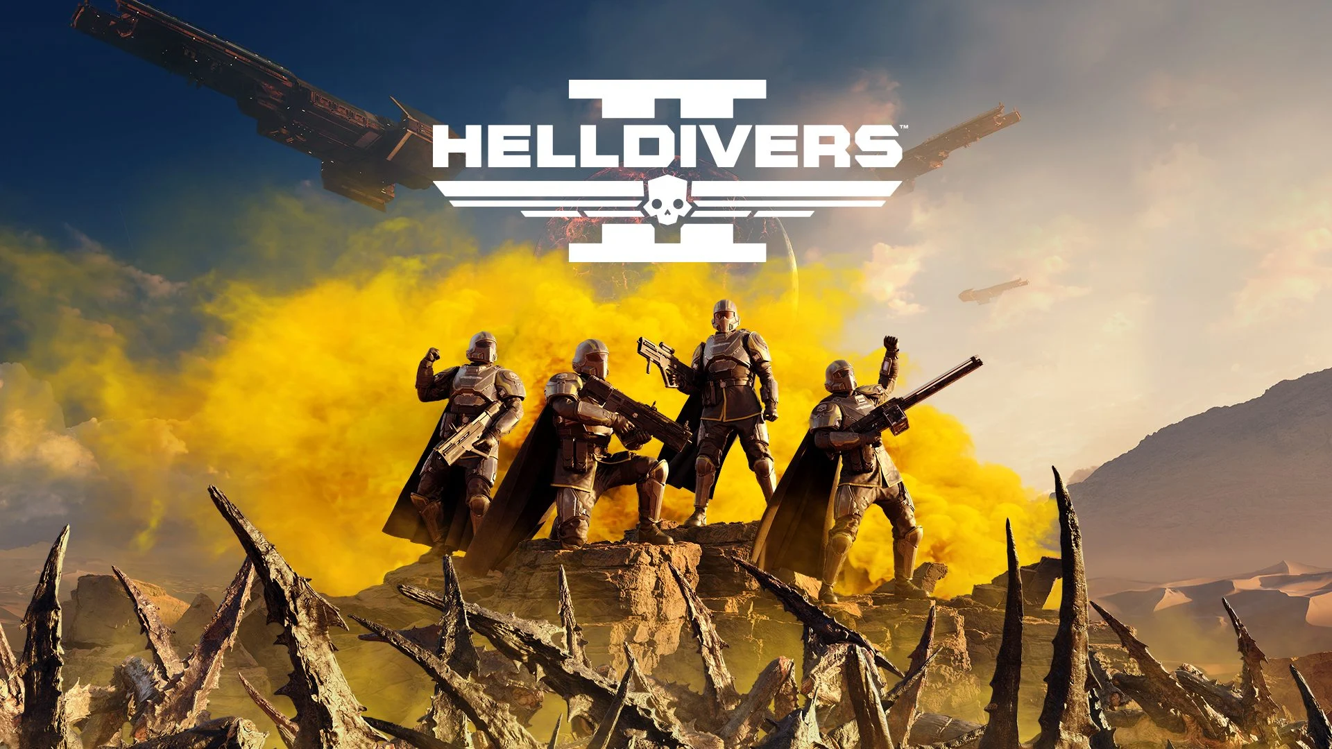 Esquadrão de soldados de Helldivers 2 reunido em um planeta alienígena