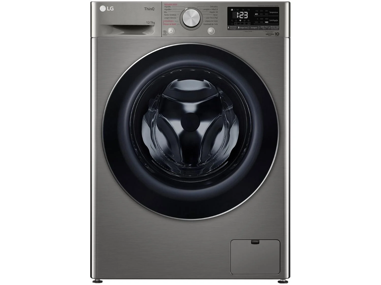 Lava e seca LG VC4 CV5012PC4 Inox Look, com indicação de 12 kg de lavagem e 7 kg de secagem no painel frontal