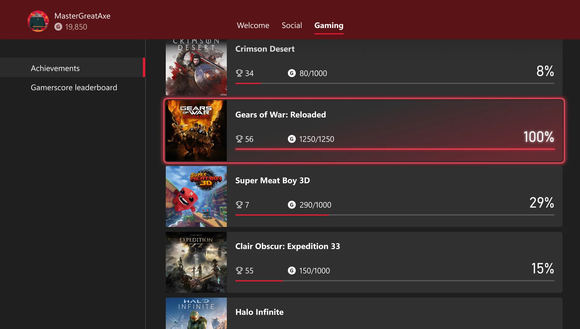 Interface do Xbox destacando um jogo completado em 100% na lista de conquistas