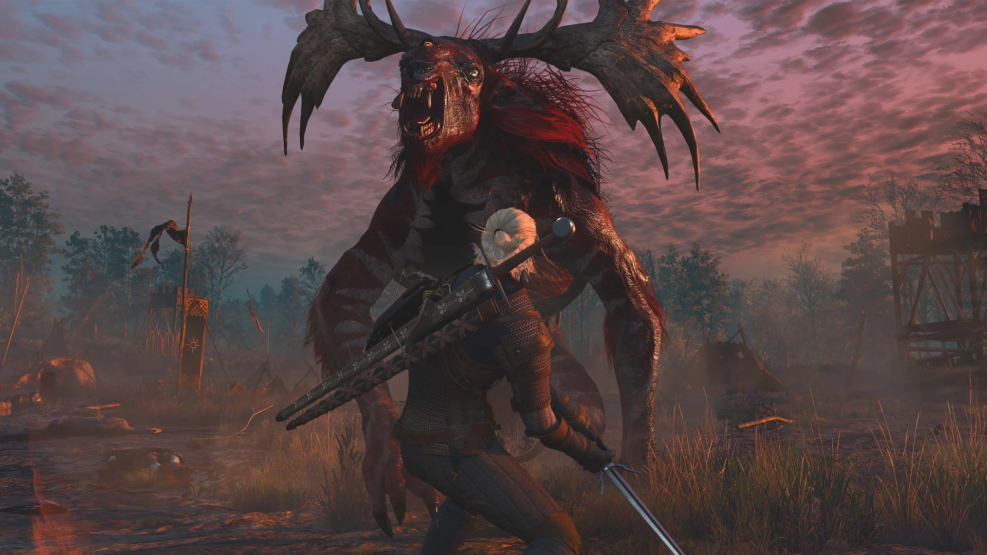 Geralt de Rívia durante uma sequência de combate em The Witcher 3