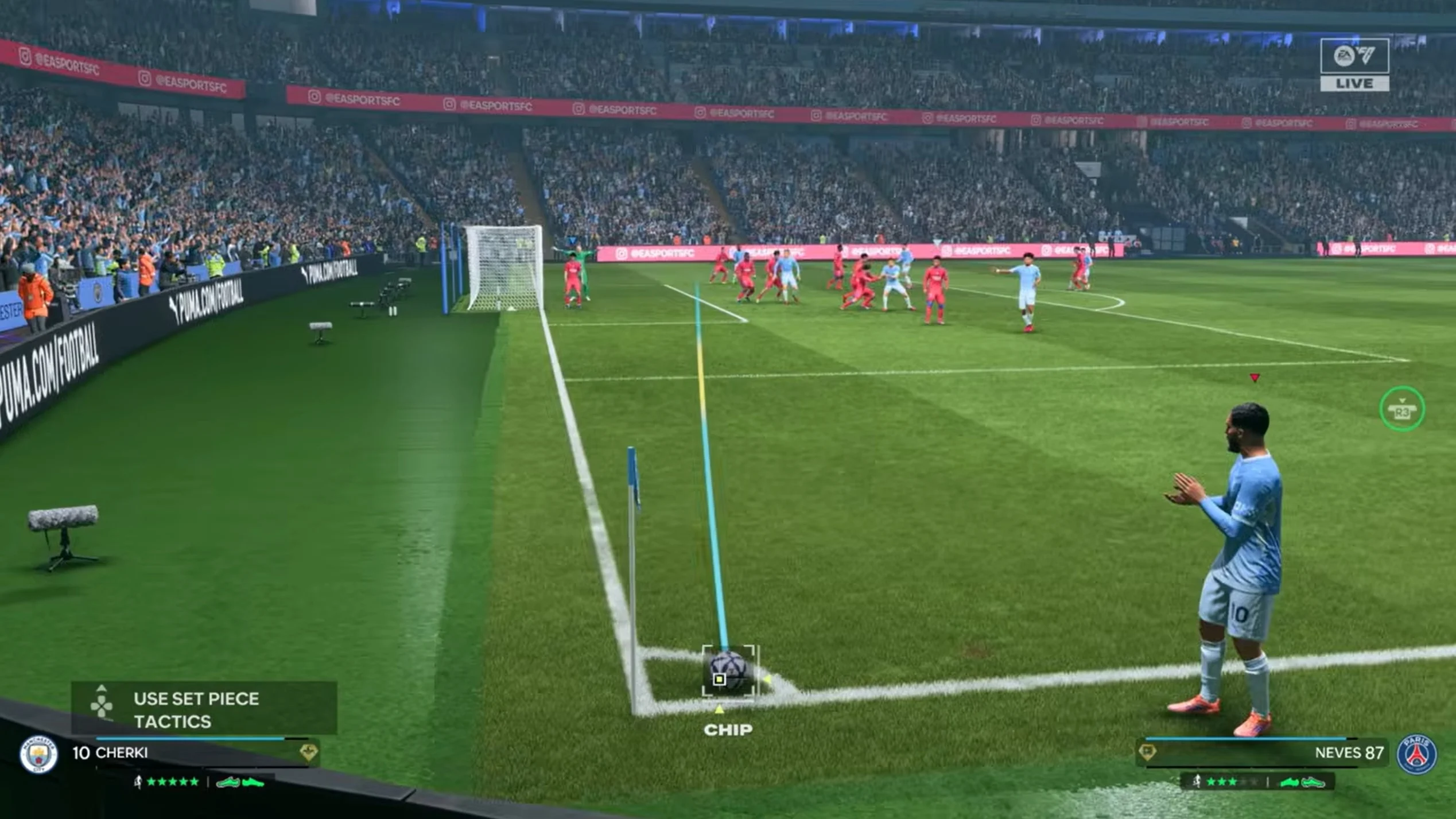 Cobrança de escanteio no EA SPORTS FC 27 com a interface de bola parada