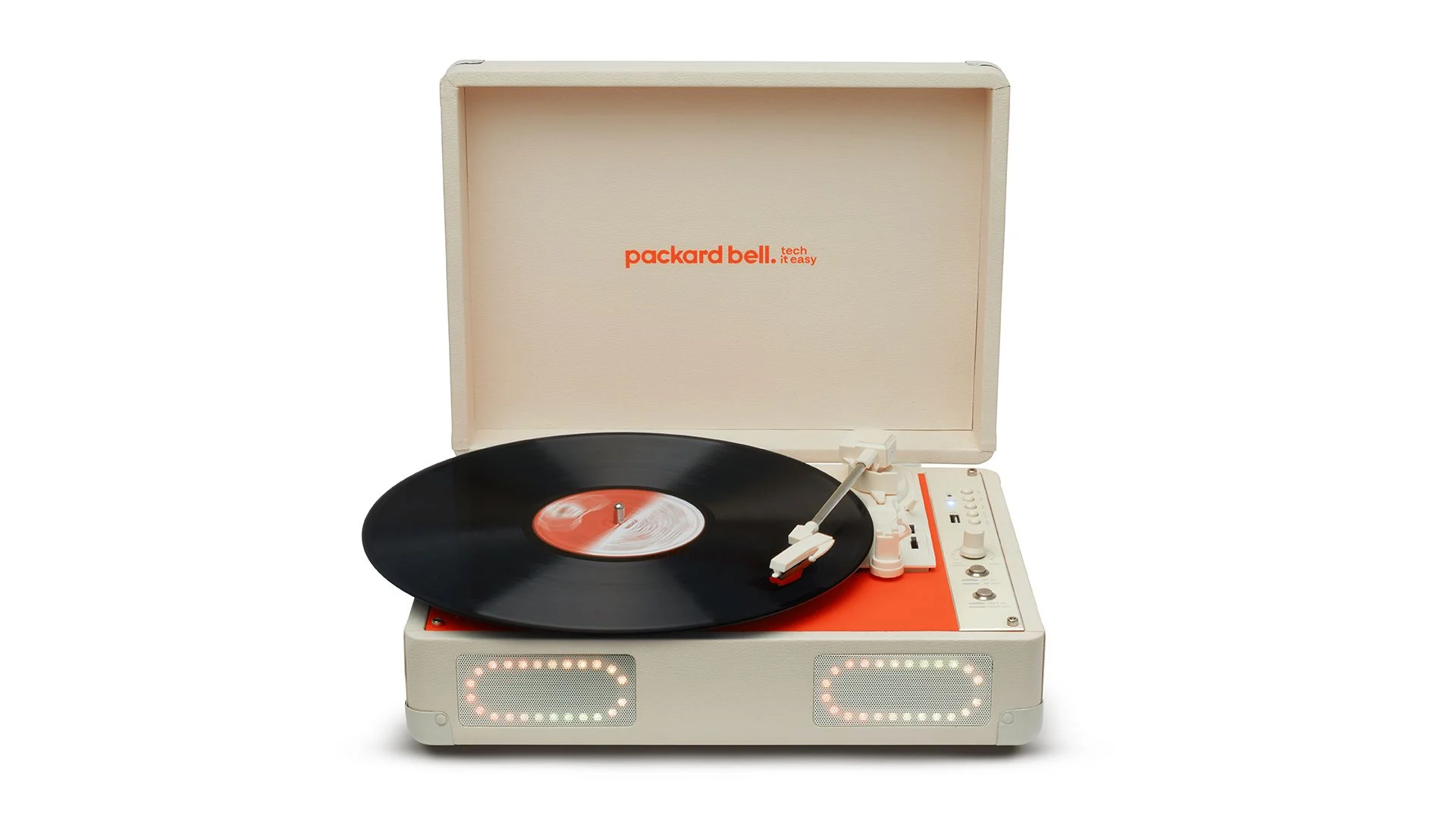 Toca-discos Packard Bell DotLoop aberto com um disco de vinil