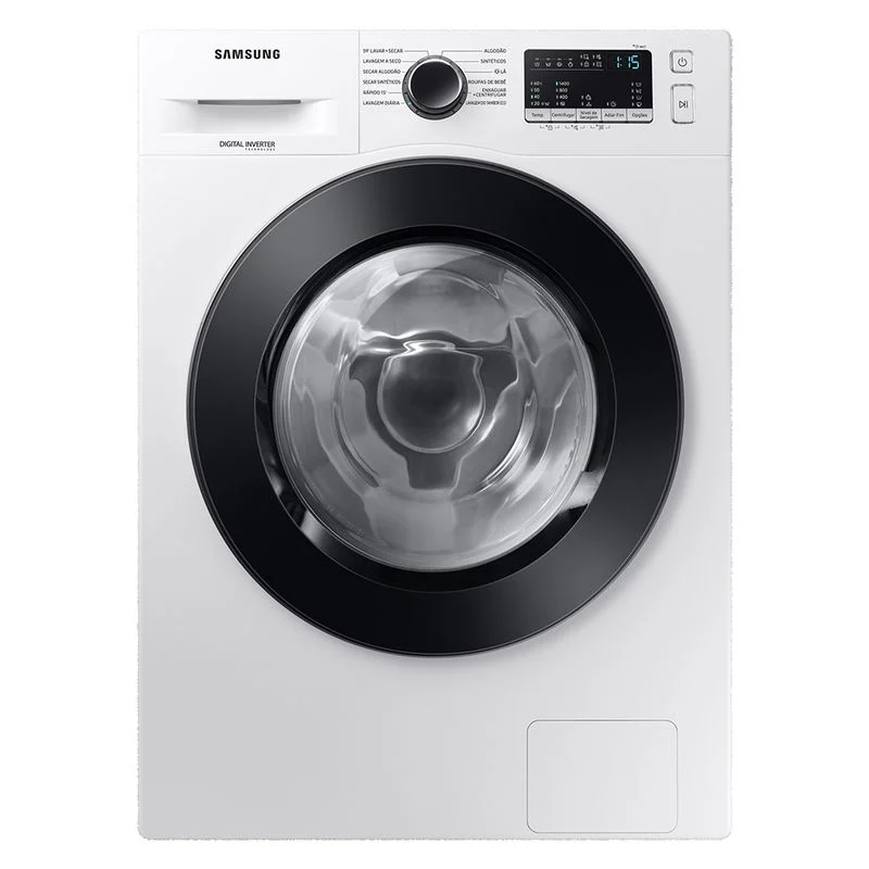 Lava e seca Samsung WD11M branca, vista de frente, com porta circular e painel superior