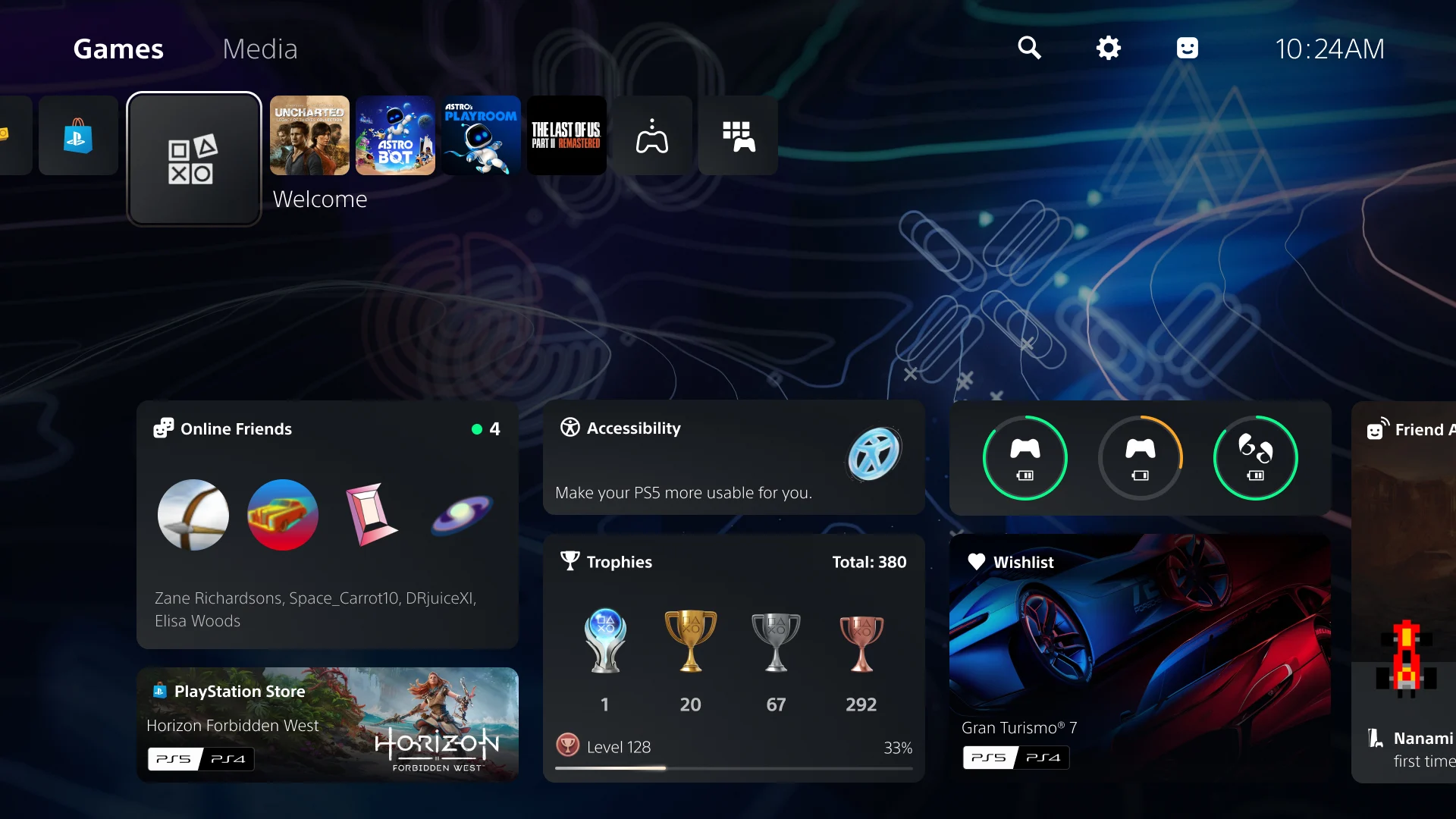 Tela do Welcome Hub do PlayStation 5 com diferentes widgets
