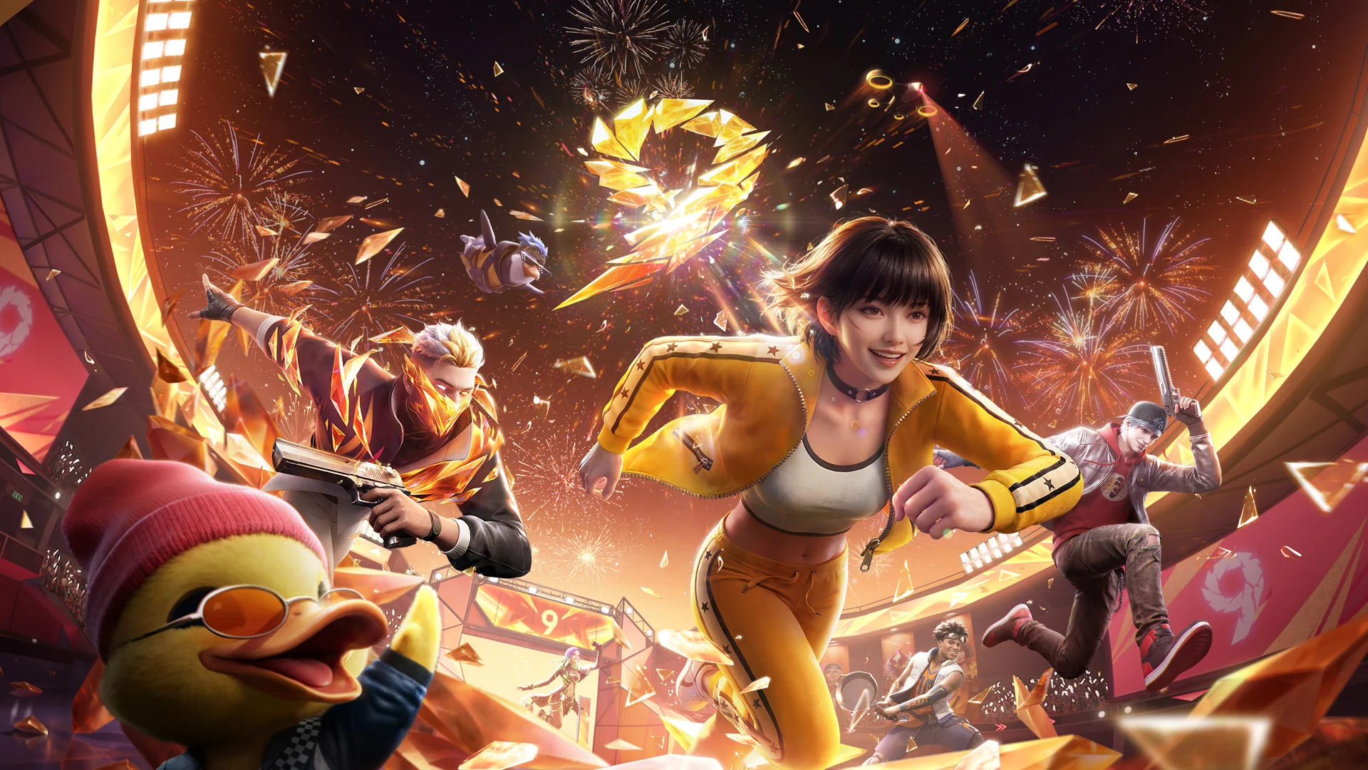 Personagem de roupa amarela corre ao lado de outros personagens e um pet em arte festiva de Free Fire.