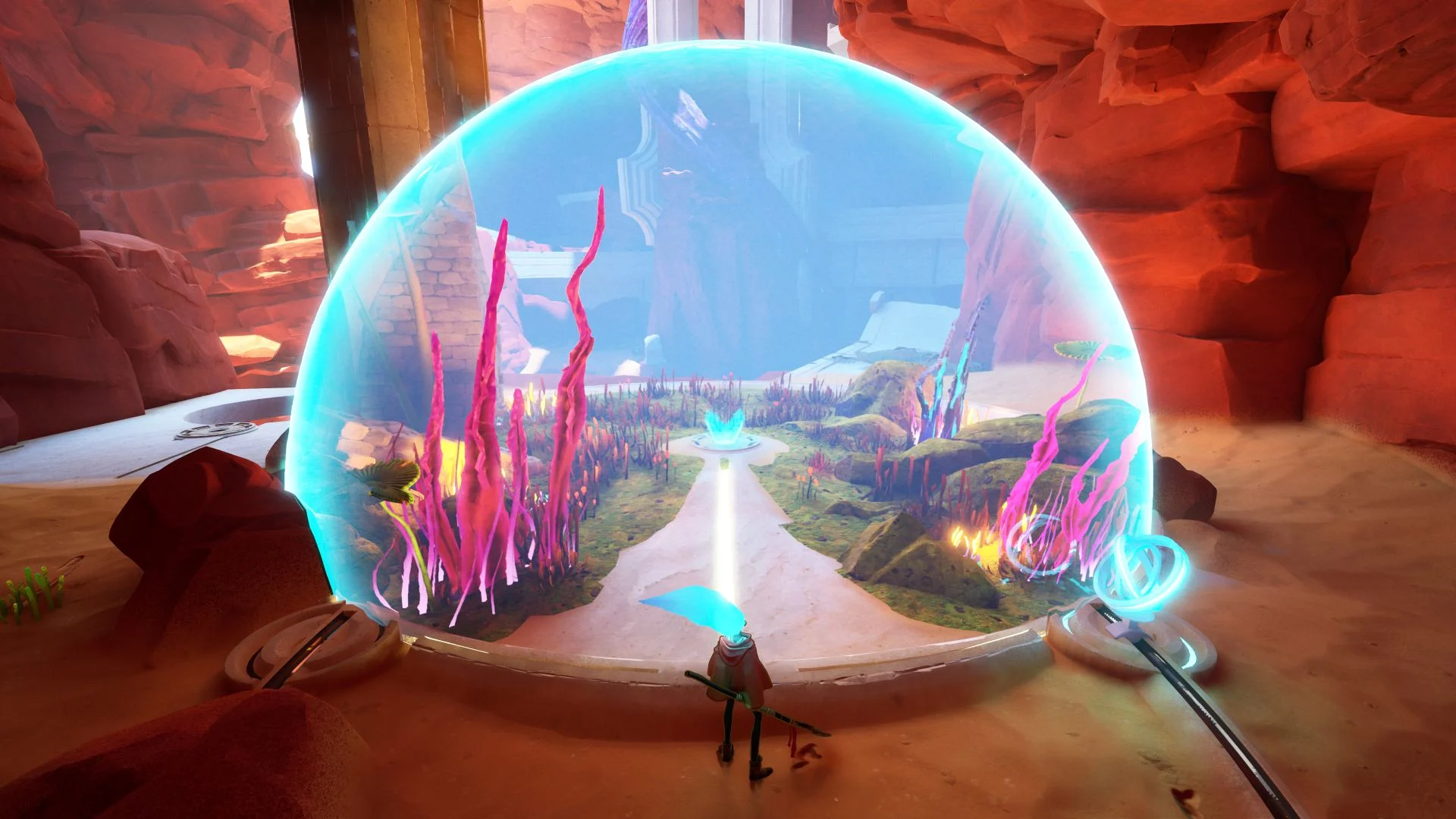 One diante de uma cúpula azul entre paredões avermelhados e vegetação colorida em Fading Echo