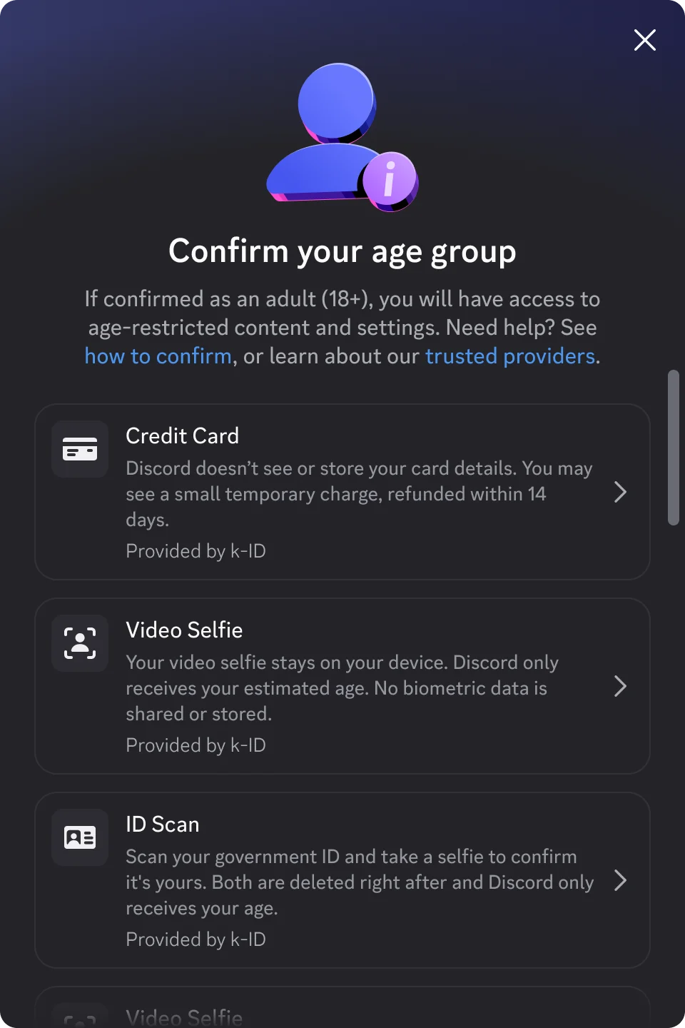 Tela do Discord com opções de cartão de crédito, selfie em vídeo e documento para confirmar a idade