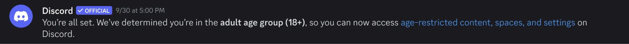 Mensagem oficial do Discord informando que uma conta foi confirmada no grupo etário adulto