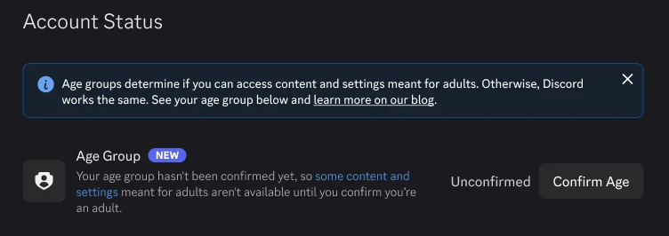 Tela Status da Conta do Discord mostrando grupo etário não confirmado e botão para confirmar idade