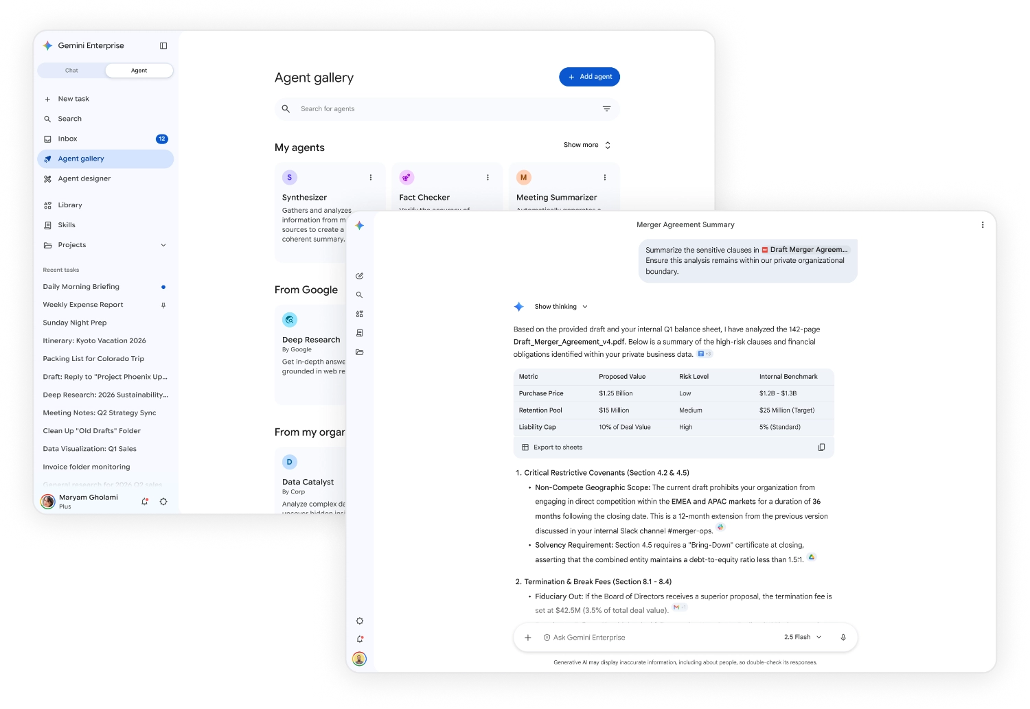 Interface do Gemini Enterprise em navegador com resposta gerada a partir de dados corporativos