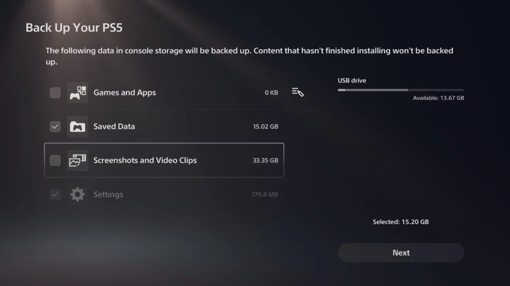 Tela de backup do PS5 com a opção Dados salvos selecionada