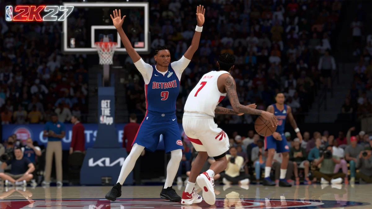 Defensor com as mãos levantadas em NBA 2K27