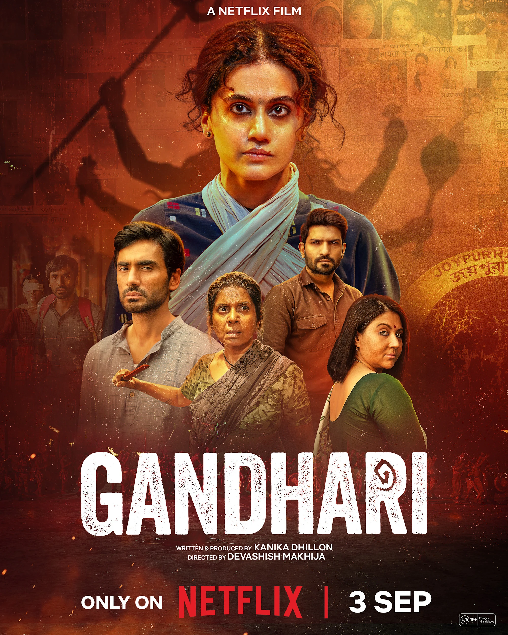 Taapsee Pannu como Bani no pôster de Gandhari, filme da Netflix