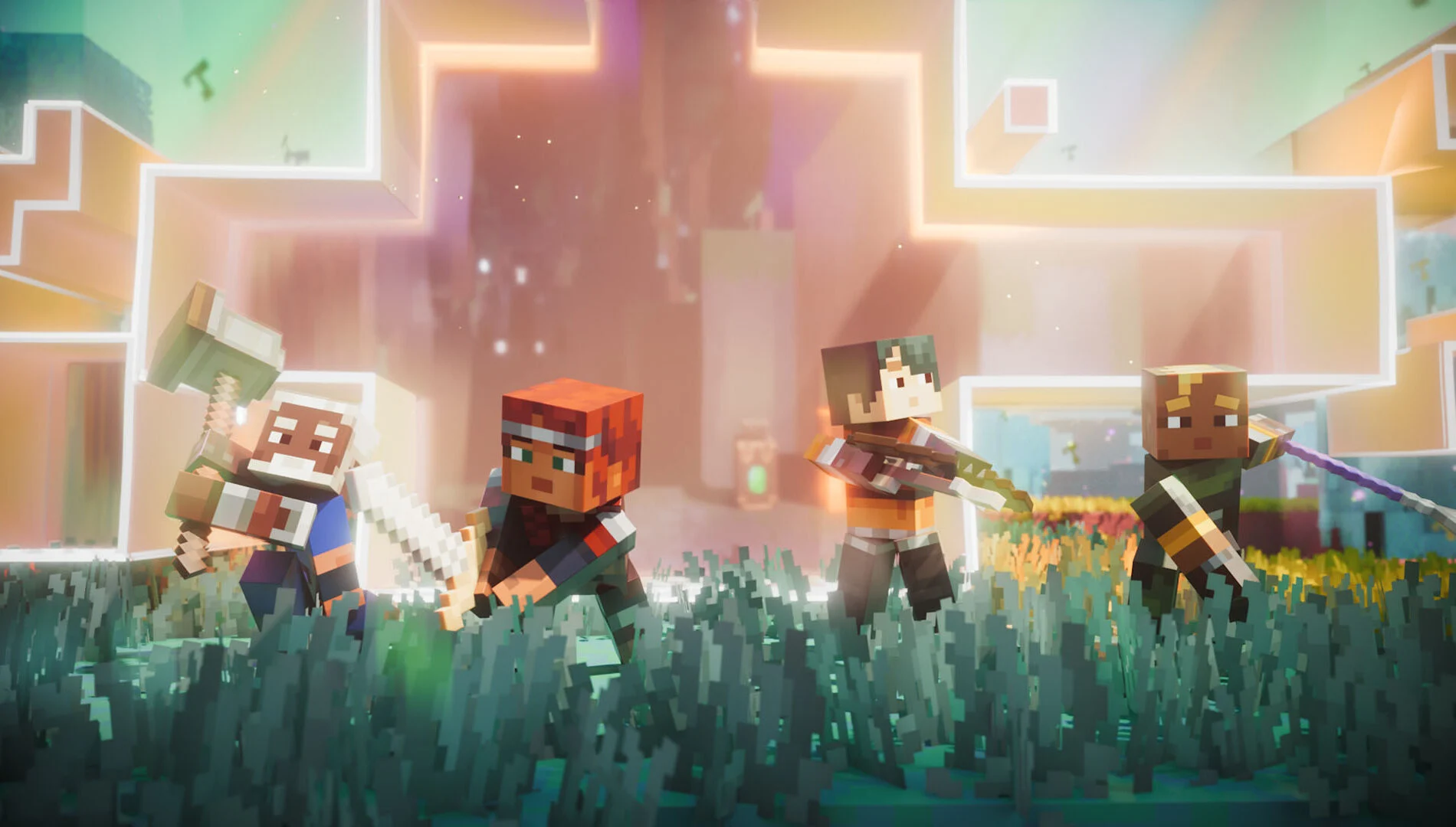 Personagens de Minecraft Dungeons II explorando o colorido mundo de The Sift