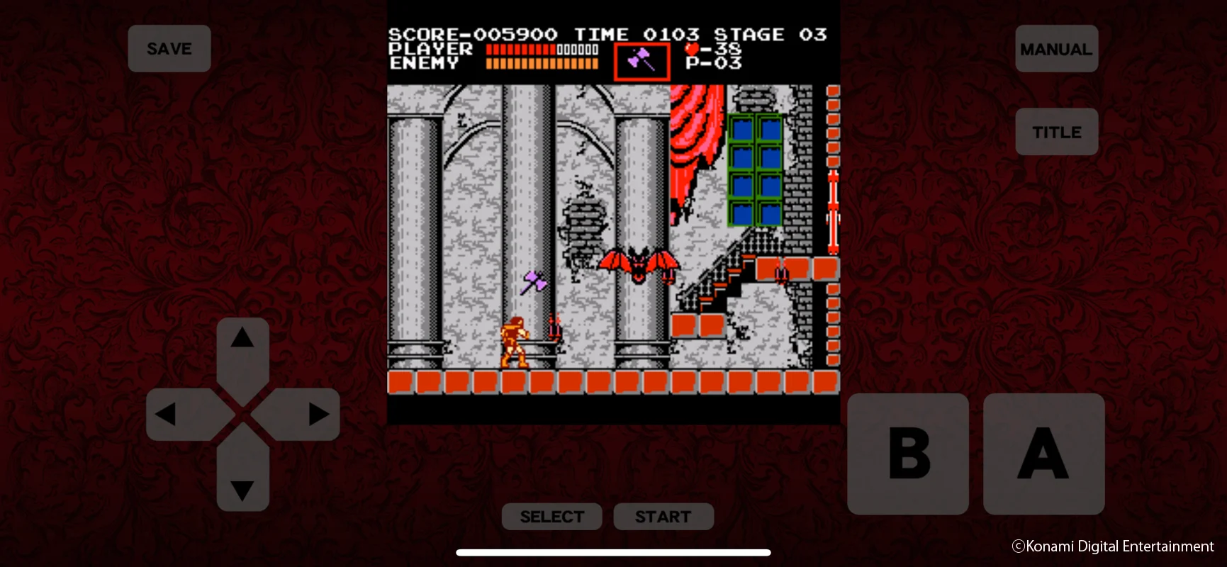 Simon Belmont enfrentando inimigos dentro do castelo em Castlevania para celular