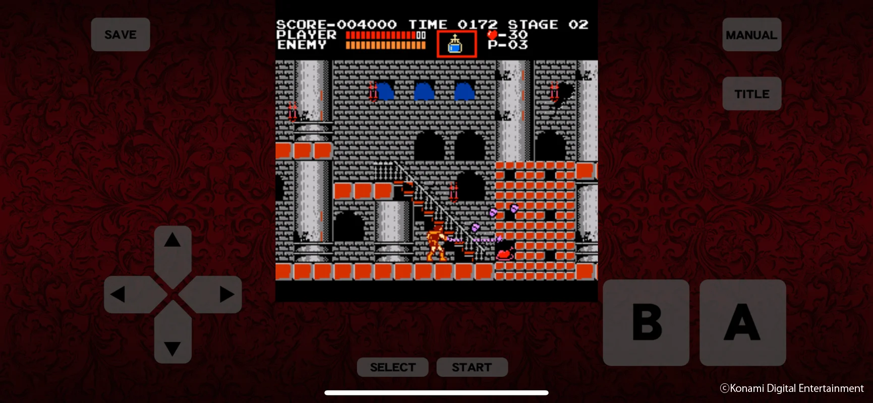 Castlevania clássico rodando em celular com controles virtuais na tela