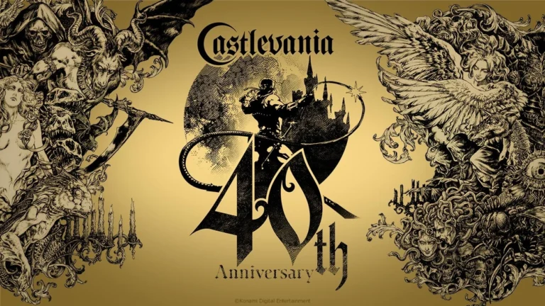 Arte comemorativa dos 40 anos de Castlevania com Simon Belmont e criaturas da série