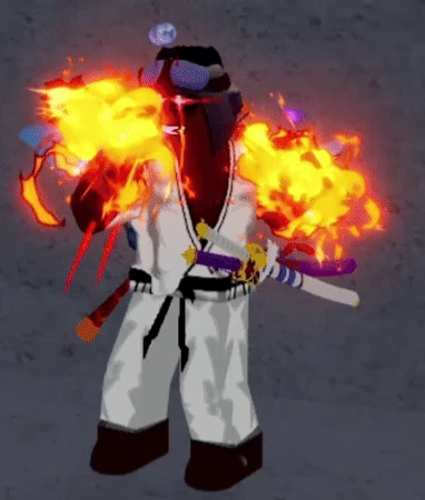 Personagem de Blox Fruits com os braços em chamas usando Dragon Talon
