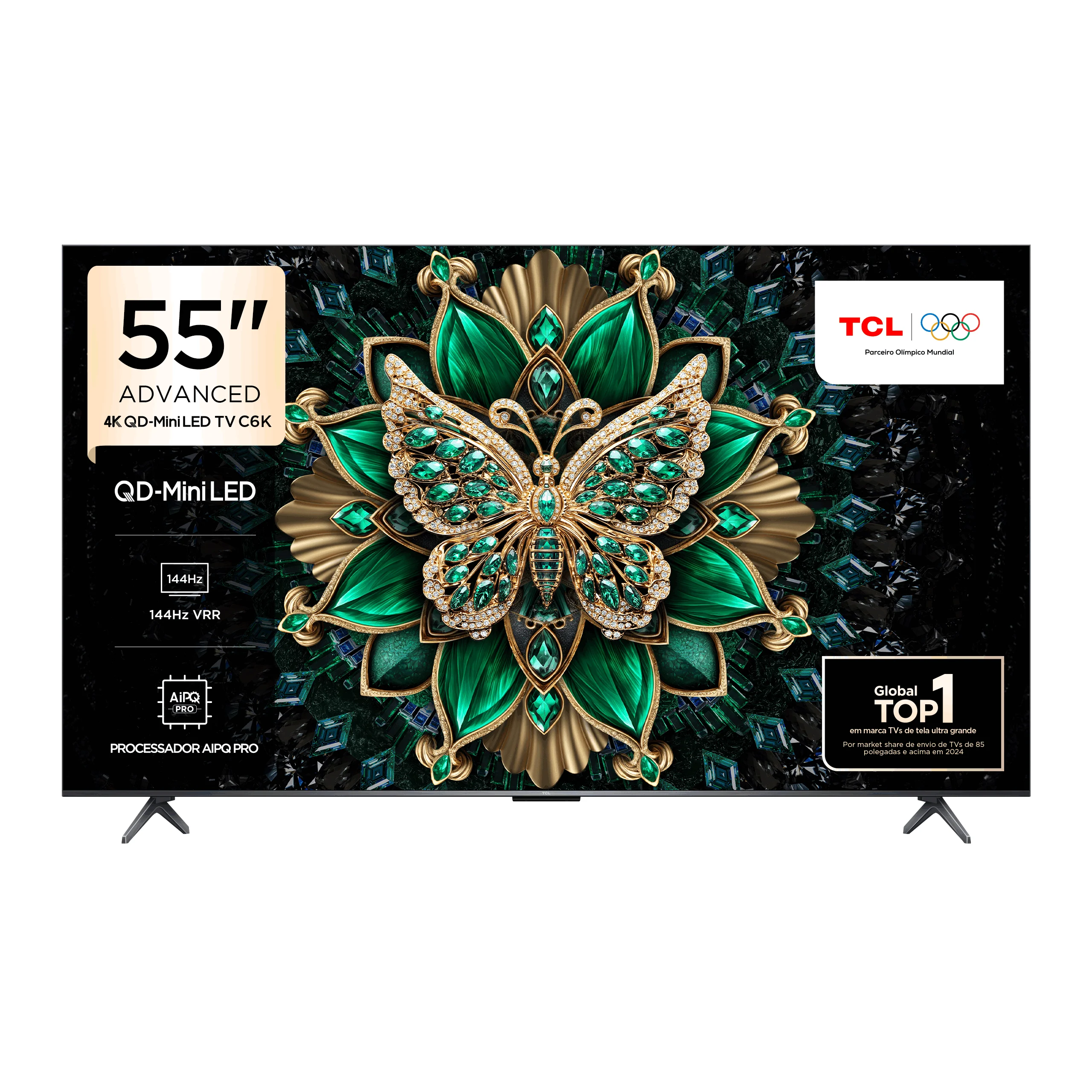 TCL C6K de 55 polegadas com painel QD-Mini LED e base de dois pés.